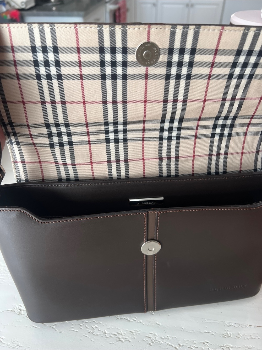 Burberry Brown Leather Shoulder Bag with Signature Check Interior